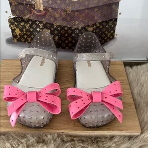 Mini Melissa Clear Silver Glitter Shoes Flats with Pink Bow Size 10